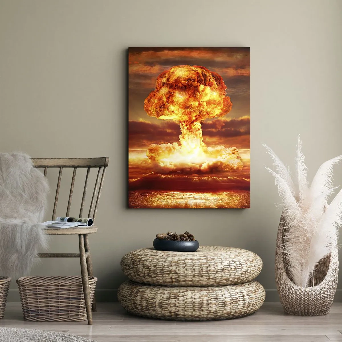 Impression sur toile - Image sur toile - Explosion d'un nuage en forme de champignon sur fond de coucher de soleil - 80x120cm - Et la fin viendra - Décoration murale moderne pour le salon et la chambre ARTTOR