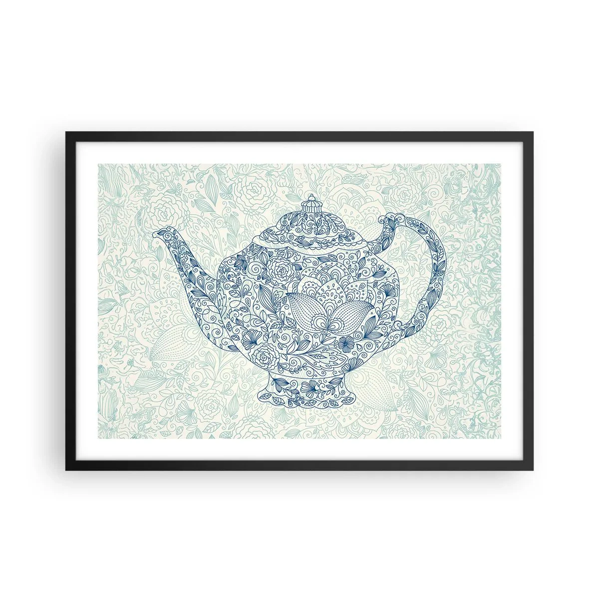 Affiche dans un cadre noir - Poster - Dessin décoratif d'une théière avec des ornements bleus - 70x50cm - Le charme du thé - Décoration murale moderne pour le salon et la chambre ARTTOR