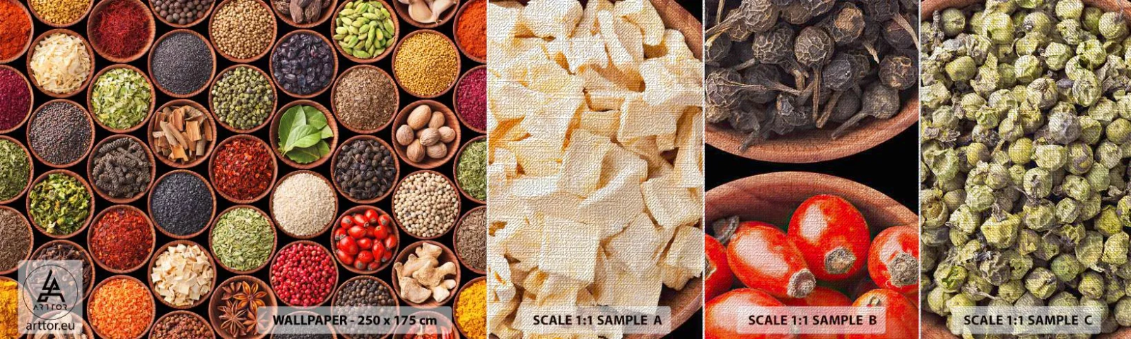 Échantillon de Papier Peint Premium Canvas - Toutes les saveurs du monde - La gastronomie, Épices, Herbes séchées - 100x30 cm