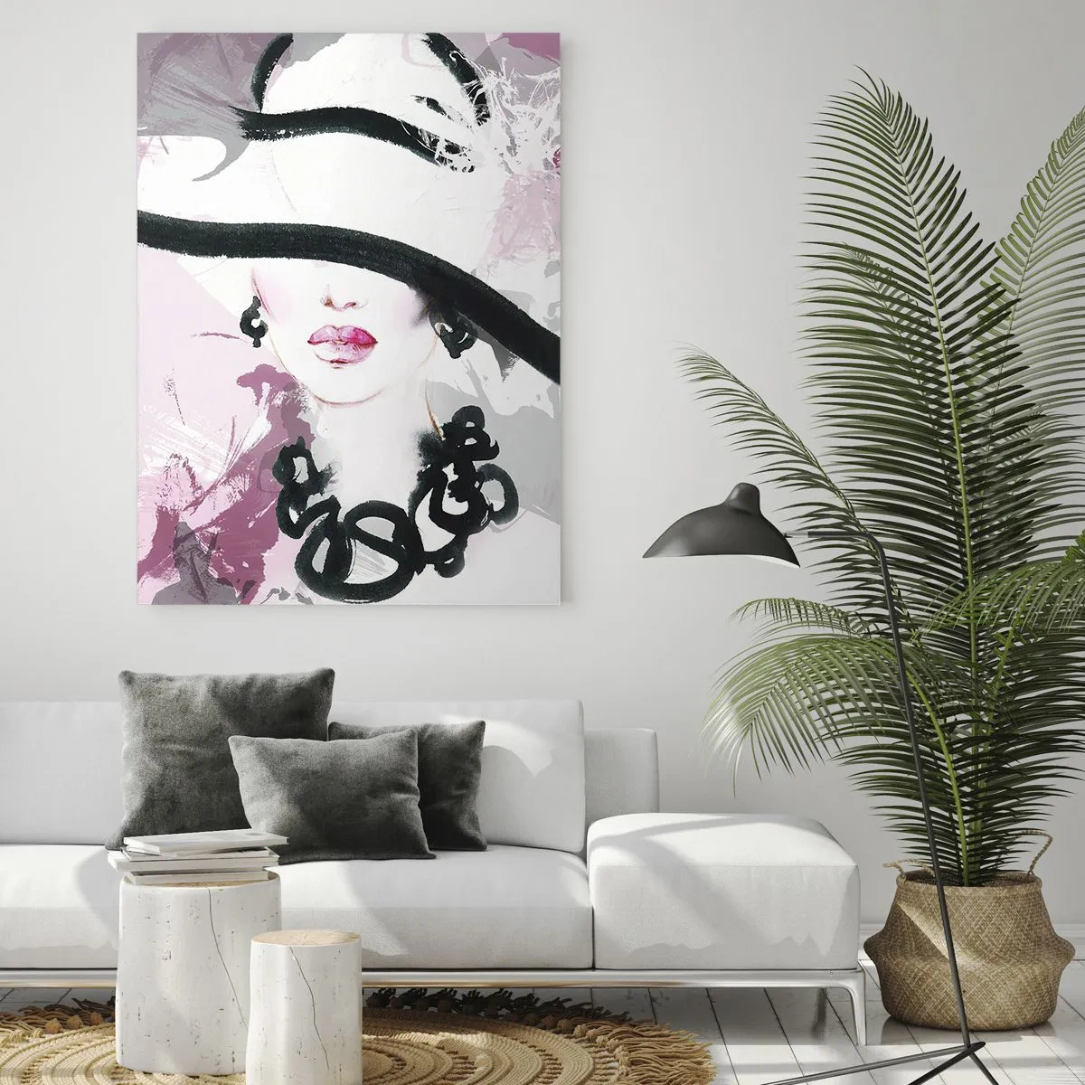 Impression sur verre - Image sur verre - Une femme élégante avec un chapeau sur un fond d'abstractions roses. - 70x100cm - Portrait d'une dame en noir et rose - Décoration murale moderne pour le salon et la chambre ARTTOR