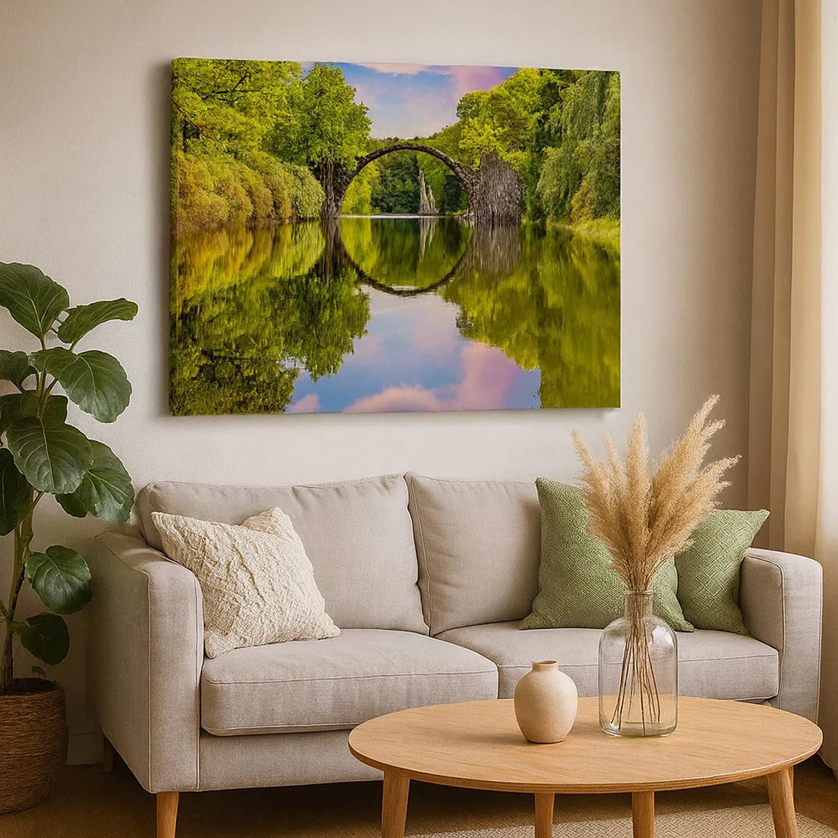 Impression sur toile - Image sur toile - Un pont de pierre sur une rivière avec un reflet parfait dans l'eau - 70x50cm - À la jonction de deux mondes - Décoration murale moderne pour le salon et la chambre ARTTOR