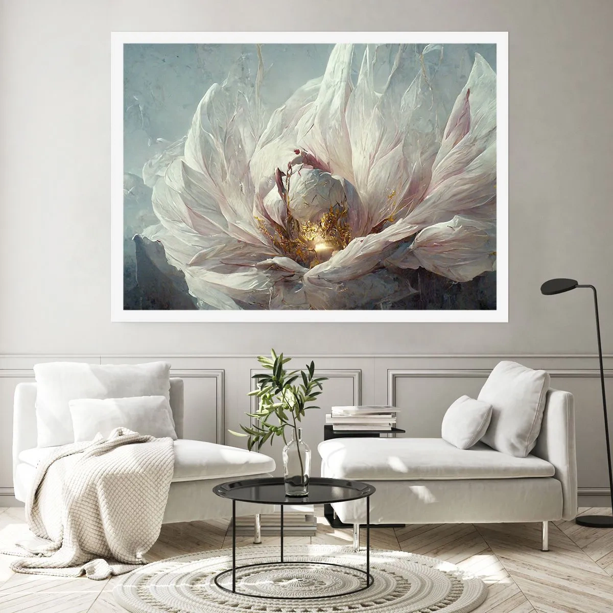 Affiche - Poster - Une fleur blanche délicate avec de subtils accents dorés - 100x70cm - Il fleurit une fois tous les cent ans - Décoration murale moderne pour le salon et la chambre ARTTOR