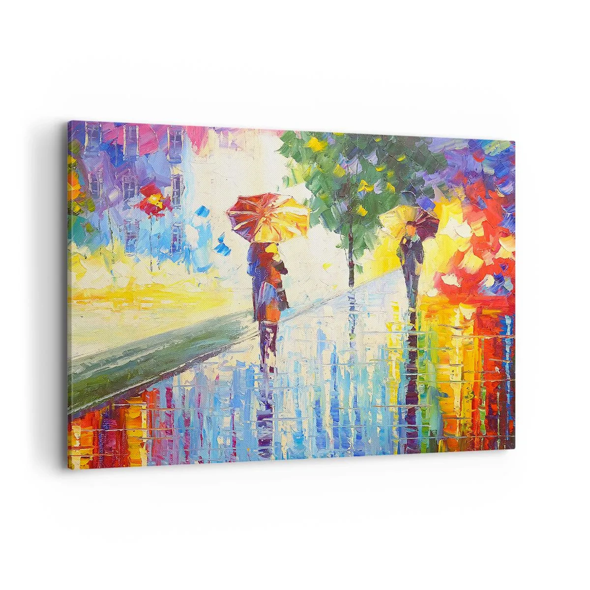 Impression sur toile - Image sur toile - Une promenade avec un parapluie dans un paysage pluvieux coloré - 100x70cm - Et tout est clair - Décoration murale moderne pour le salon et la chambre ARTTOR