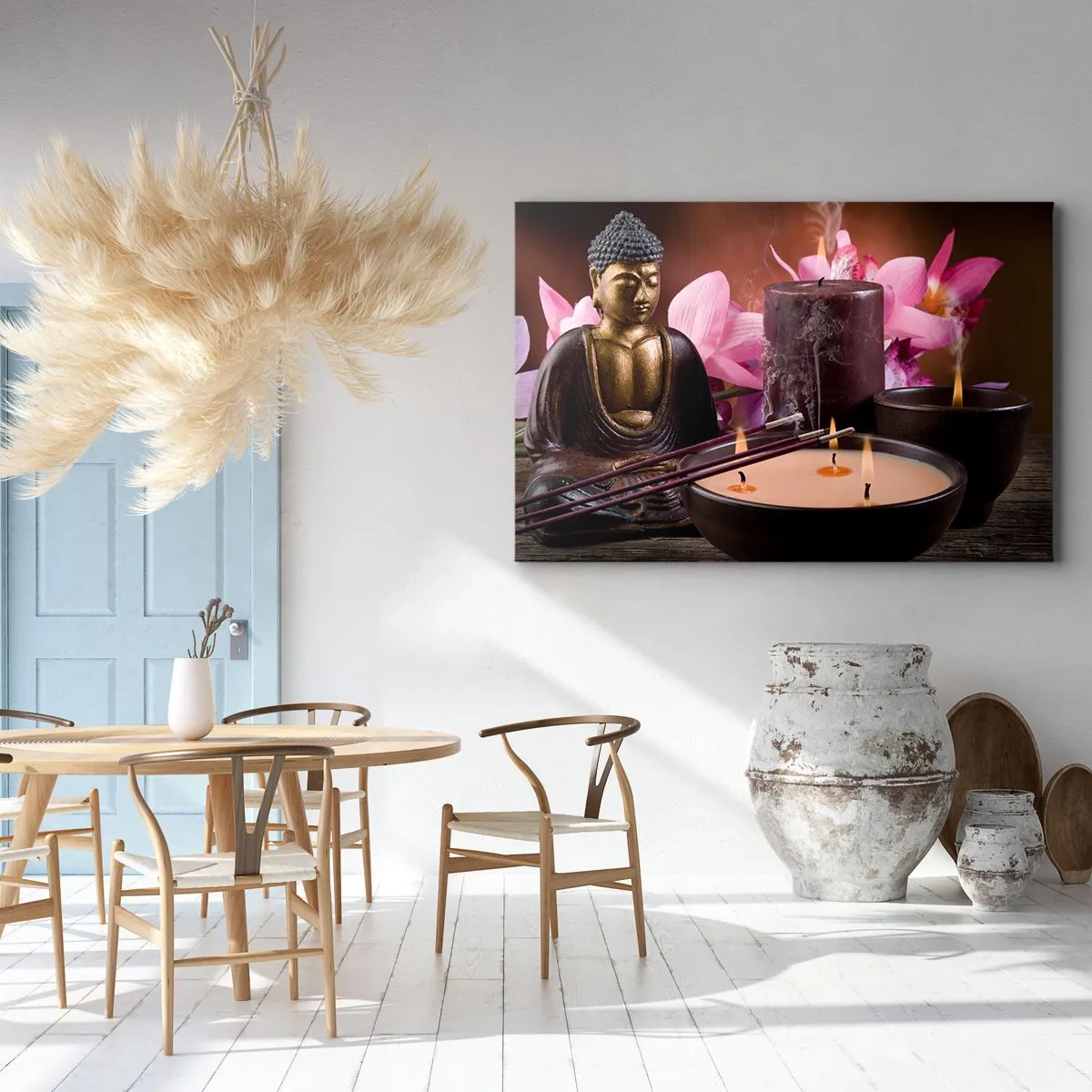 Impression sur toile - Image sur toile - Figurine de Bouddha avec bougies allumées et bâtons d'encens - 120x80cm - Vider l'esprit, calmer le corps - Décoration murale moderne pour le salon et la chambre ARTTOR