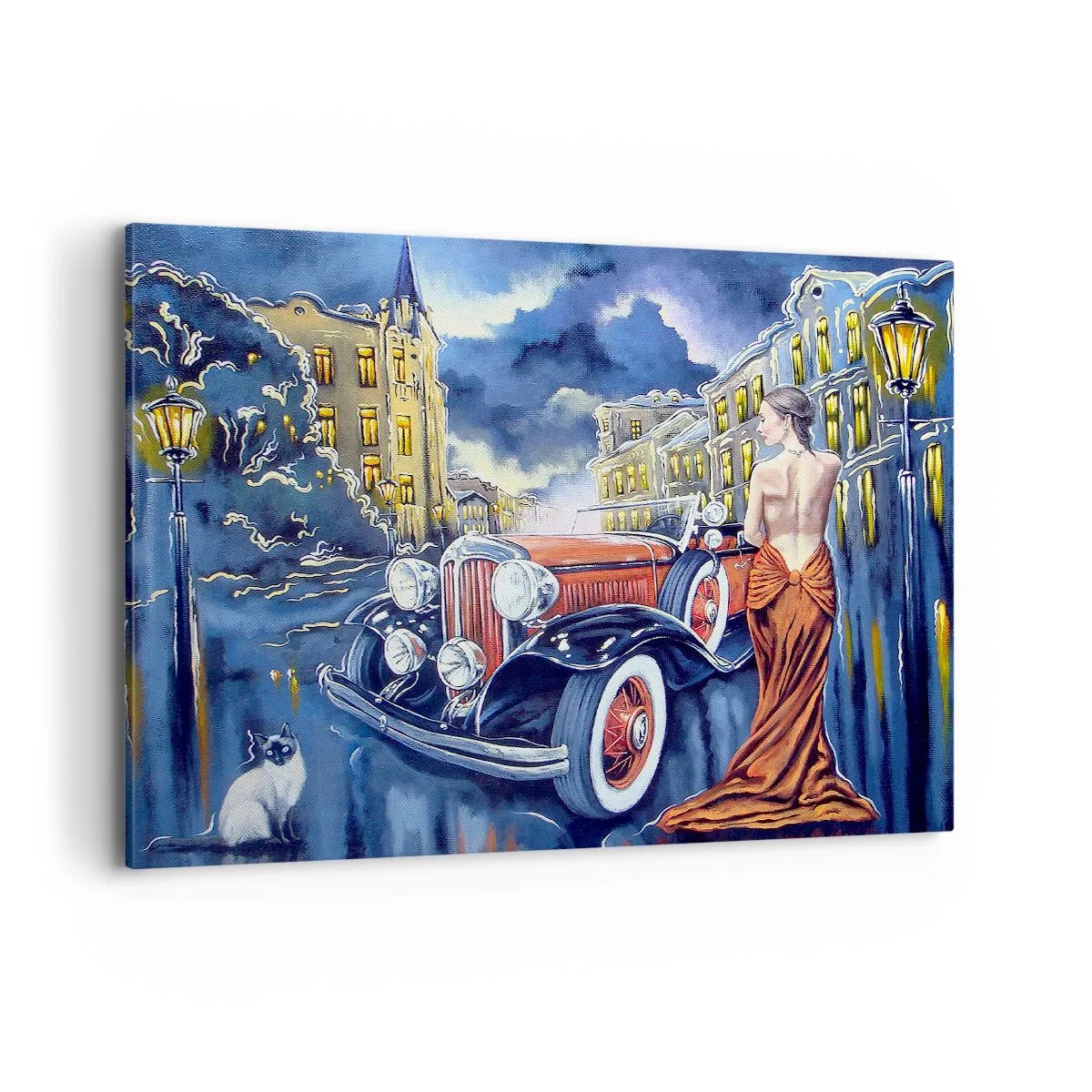 Impression sur toile - Image sur toile - Une femme dans une robe élégante à côté d'une voiture rétro la nuit - 100x70cm - Nocturne en bleu et corail - Décoration murale moderne pour le salon et la chambre ARTTOR