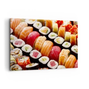 Impression sur toile - Image sur toile - Sushis colorés disposés en rangées avec diverses garnitures - 120x80cm - Couleurs et saveurs d'Asie - Décoration murale moderne pour le salon et la chambre ARTTOR