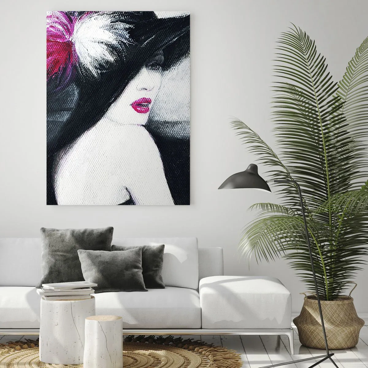 Impression sur verre - Image sur verre - Femme élégante avec un chapeau à plumes - 70x100cm - Toujours un secret - Décoration murale moderne pour le salon et la chambre ARTTOR