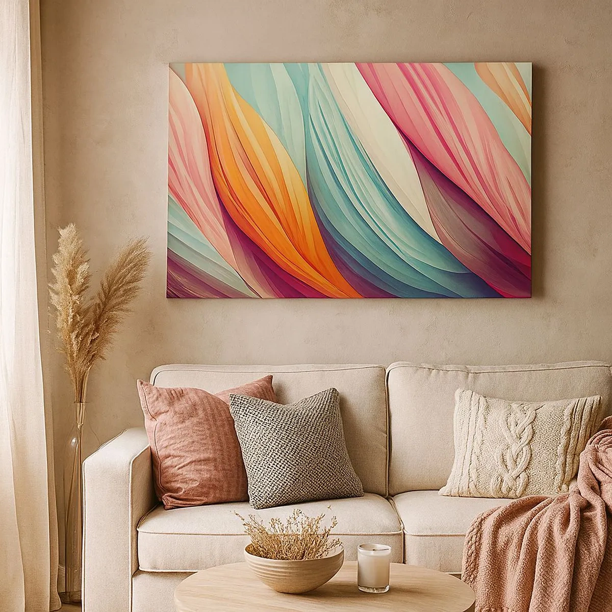 Impression sur toile - Image sur toile - Lignes abstraites aux couleurs pastel et vibrantes - 70x50cm - Tissage arc-en-ciel - Décoration murale moderne pour le salon et la chambre ARTTOR
