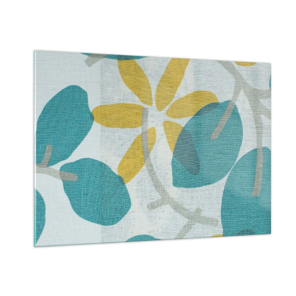 Impression sur verre - Image sur verre - Un graphique végétal avec des feuilles azur et des fleurs jaunes - 100x70cm - Wśród lazurowych liści - Décoration murale moderne pour le salon et la chambre ARTTOR