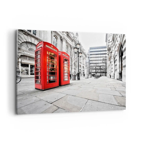 Impression sur toile - Image sur toile - Cabines téléphoniques rouges sur fond de paysage urbain - 100x70cm - Welcome to London - Décoration murale moderne pour le salon et la chambre ARTTOR