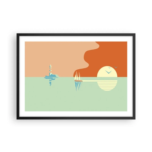 Affiche dans un cadre noir - Poster - Un paysage marin minimaliste avec un voilier et un coucher de soleil - 70x50cm - Paysage idéal de la mer - Décoration murale moderne pour le salon et la chambre ARTTOR