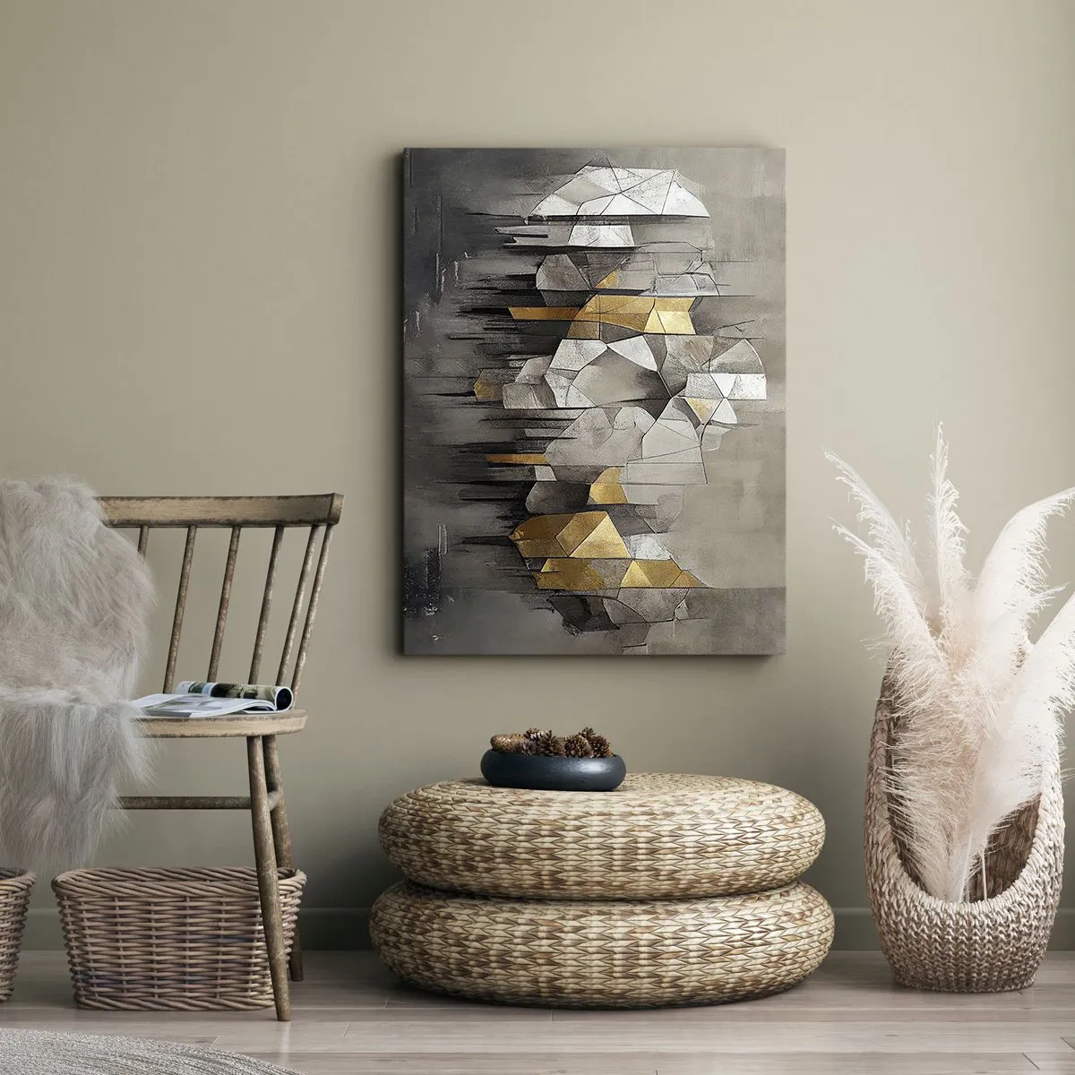 Impression sur toile - Image sur toile - Abstraction géométrique dans les tons d'or et de gris - 80x120cm - Composition de glace et de lumière - Décoration murale moderne pour le salon et la chambre ARTTOR