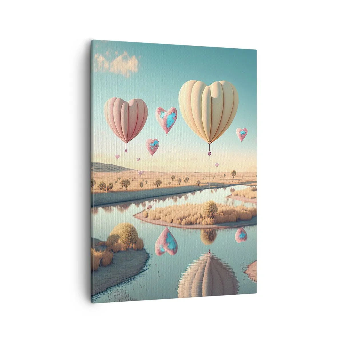 Impression sur toile - Image sur toile - Des ballons en forme de cœur flottant au-dessus du paysage - 50x70cm - L'amour te permet de t'élever - Décoration murale moderne pour le salon et la chambre ARTTOR