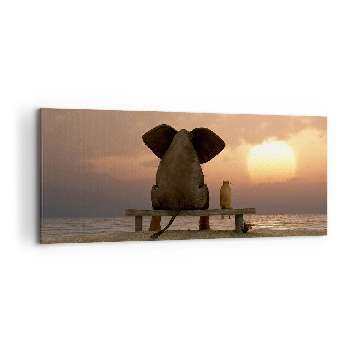 Impression sur toile - Image sur toile - Un éléphant et un chien sont assis sur un banc sur la plage au coucher du soleil. - 120x50cm - C'est bon de garder le silence ensemble - Décoration murale moderne pour le salon et la chambre ARTTOR