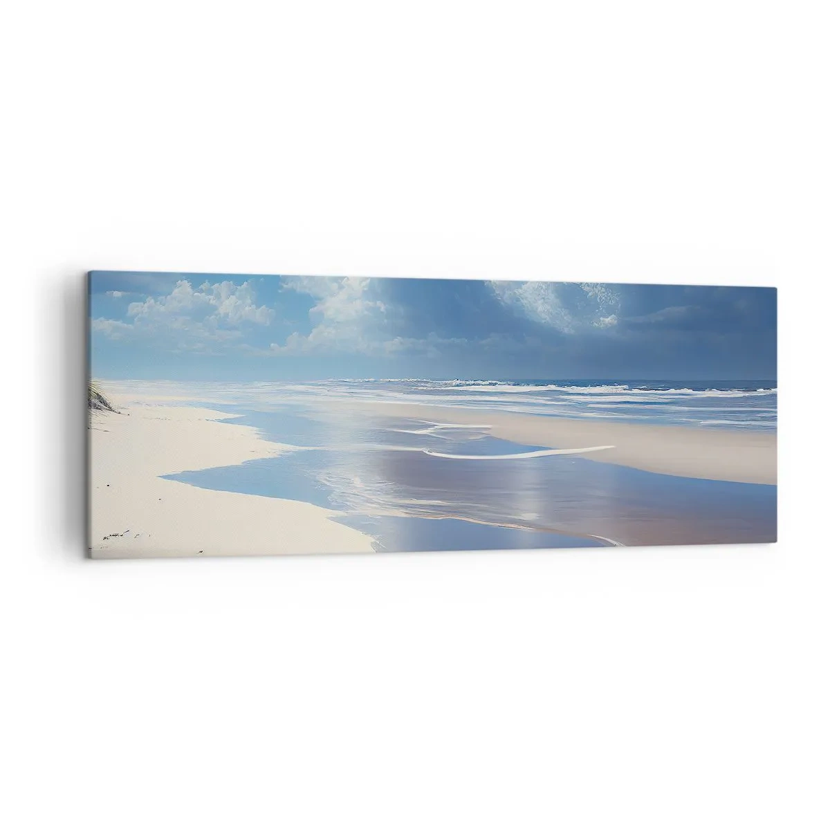 Impression sur toile - Image sur toile - Une plage de sable avec des vagues sous un ciel bleu - 140x50cm - Des vacances paradisiaques - Décoration murale moderne pour le salon et la chambre ARTTOR