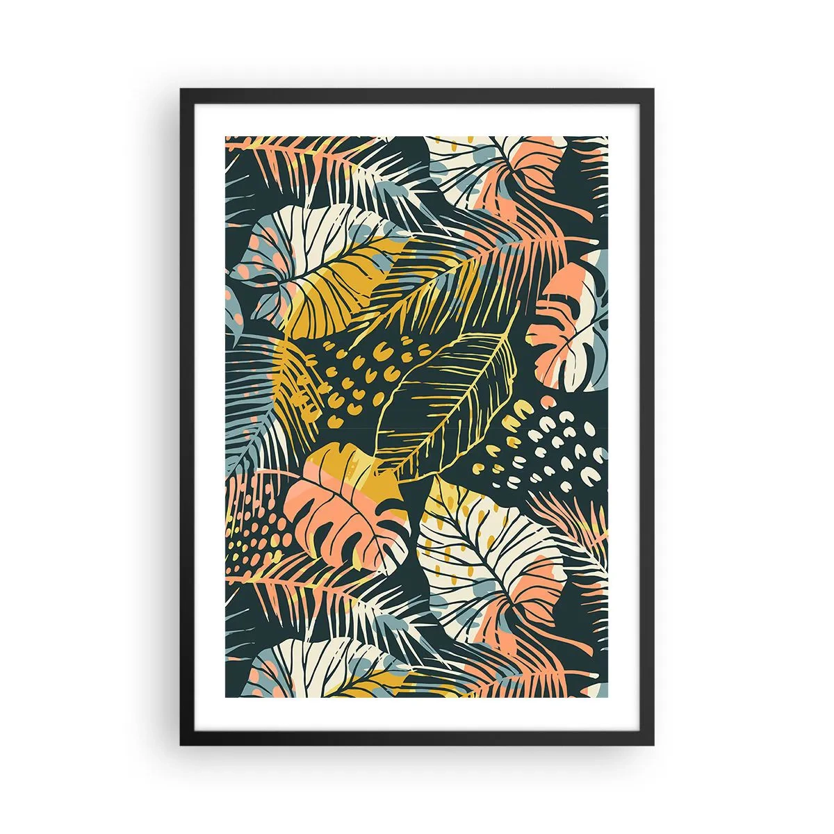Affiche dans un cadre noir - Poster - Un motif de feuilles tropicales colorées dans des tons de vert, jaune et rose. - 50x70cm - Fantaisie feuillue - Décoration murale moderne pour le salon et la chambre ARTTOR
