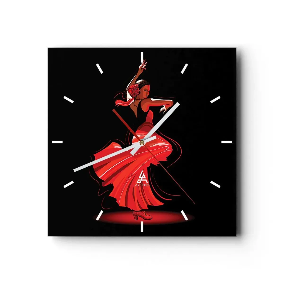 Horloge murale - Pendule murale - Danseuse de flamenco en robe rouge sur fond noir - 30x30cm - L'esprit fougueux du flamenco - Décoration murale moderne pour le salon et la chambre ARTTOR