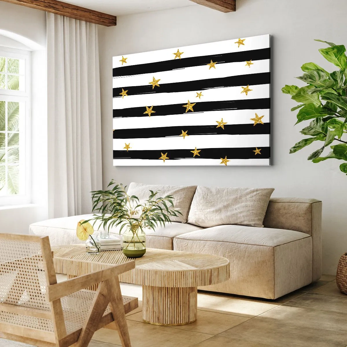 Impression sur toile - Image sur toile - Rayures noires et blanches avec étoiles dorées - 70x50cm - Nous sommes tous nés sous une bonne étoile - Décoration murale moderne pour le salon et la chambre ARTTOR