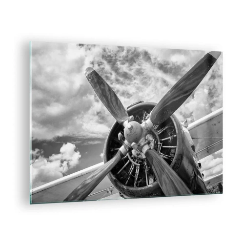 Impression sur verre - Image sur verre - Gros plan d'une hélice d'avion en noir et blanc. - 70x50cm - Dompteur de ciel - Décoration murale moderne pour le salon et la chambre ARTTOR