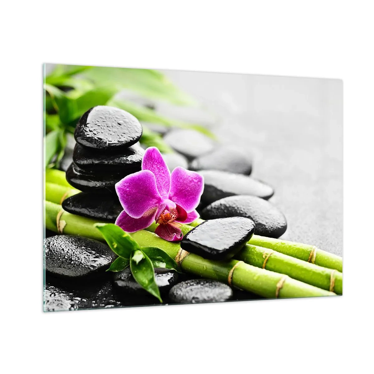 Impression sur verre - Image sur verre - Orchidée, pierres noires et bambou dans un arrangement tranquille - 100x70cm - Dans un équilibre de calme - Décoration murale moderne pour le salon et la chambre ARTTOR