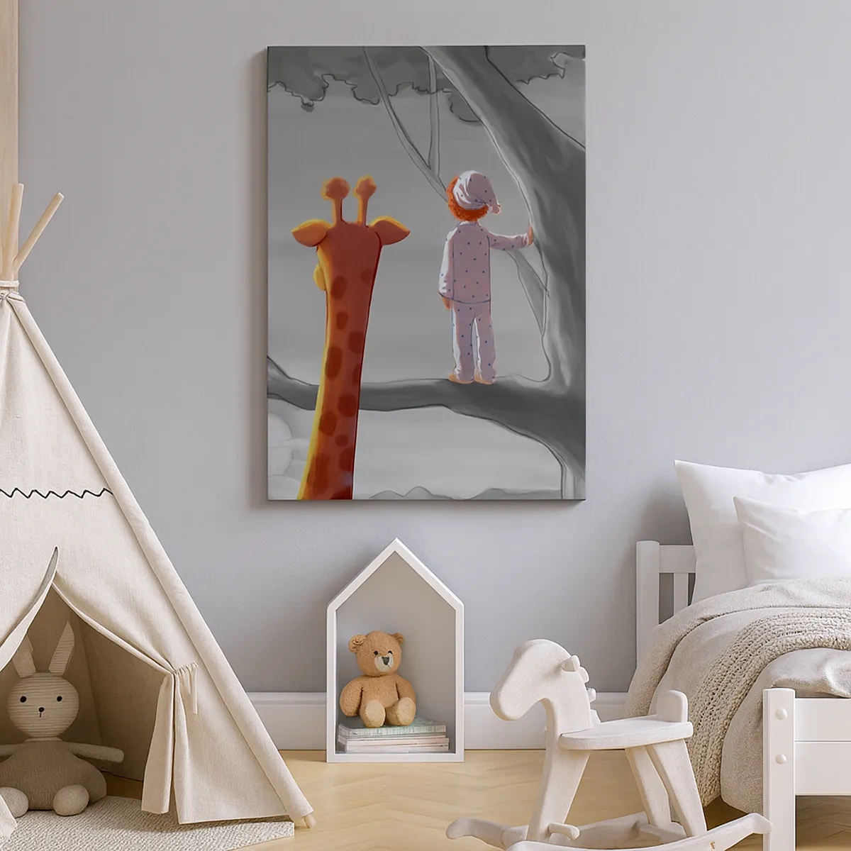 Impression sur toile - Image sur toile - Un enfant et une girafe sur une branche d'arbre dans un paysage de conte de fées - 50x70cm - Cela arrive vraiment - Décoration murale moderne pour le salon et la chambre ARTTOR