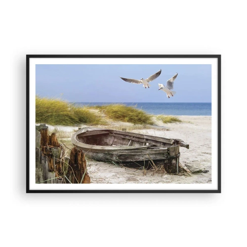 Affiche dans un cadre noir - Poster - Bateau abandonné sur une plage avec des mouettes - 100x70cm - Bain de vent - Décoration murale moderne pour le salon et la chambre ARTTOR