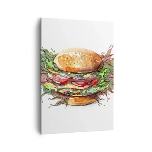 Impression sur toile - Image sur toile - Illustration artistique d'un burger avec des éléments dynamiques - 50x70cm - Tentation chaude - Décoration murale moderne pour le salon et la chambre ARTTOR