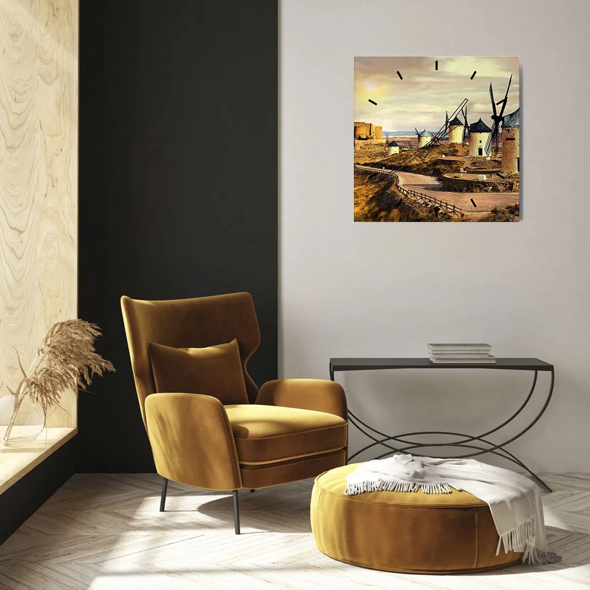 Horloge murale - Pendule murale - Moulins à vent sur les collines avec un château historique en arrière-plan - 30x30cm - Don Quichotte est sur le point d'arriver - Décoration murale moderne pour le salon et la chambre ARTTOR