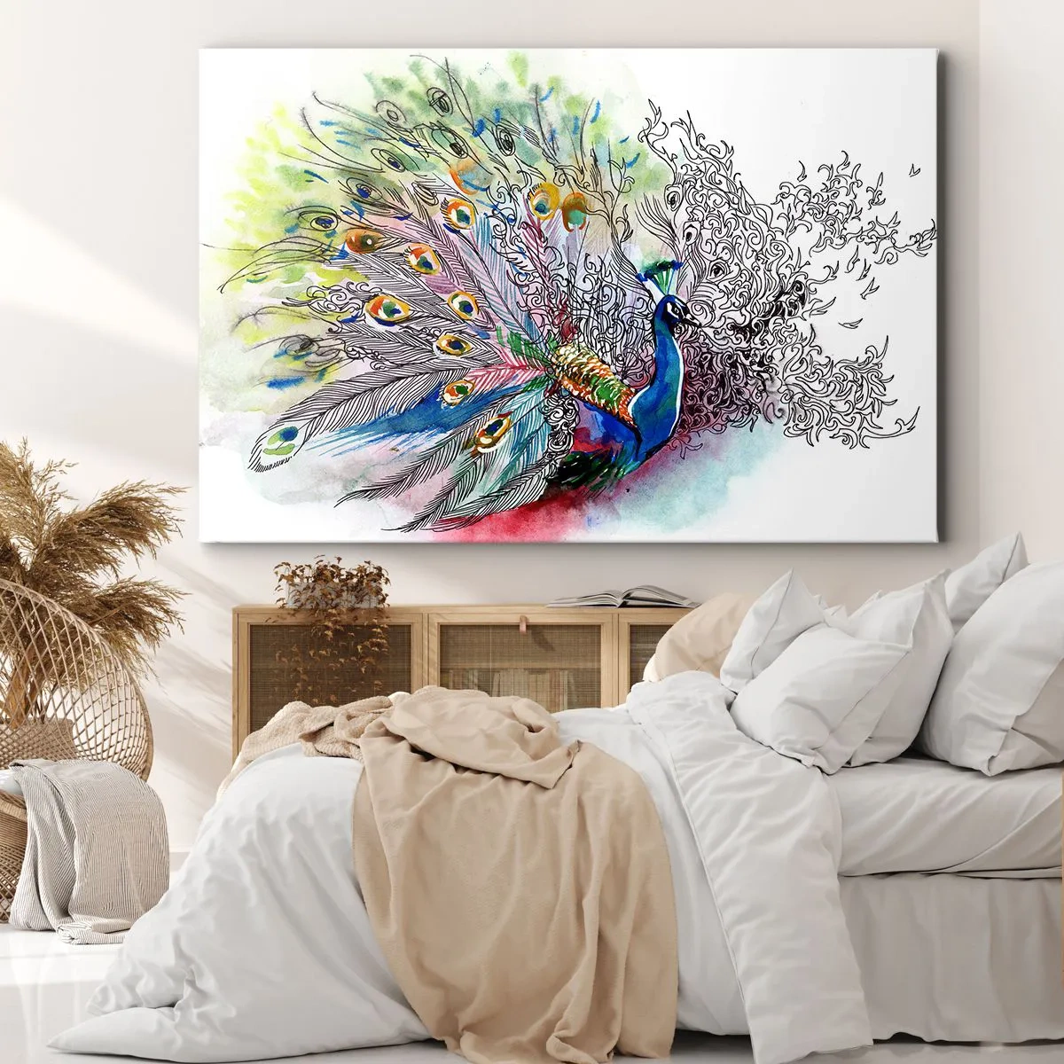 Impression sur toile - Image sur toile - Un paon dans un style aquarelle coloré avec des plumes abstraites - 70x50cm - Avec fierté contre la grisaille - Décoration murale moderne pour le salon et la chambre ARTTOR