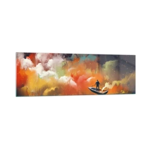Impression sur verre - Image sur verre - Une silhouette dans un bateau sur un fond de nuages colorés - 160x50cm - En bateau à travers la galaxie - Décoration murale moderne pour le salon et la chambre ARTTOR