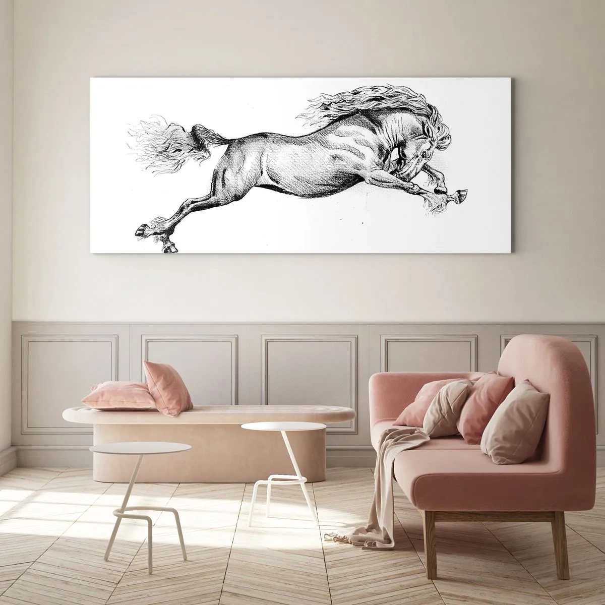 Impression sur verre - Image sur verre - Croquis d'un cheval au galop dynamique sur fond blanc - 120x50cm - Immortalisé au galop - Décoration murale moderne pour le salon et la chambre ARTTOR