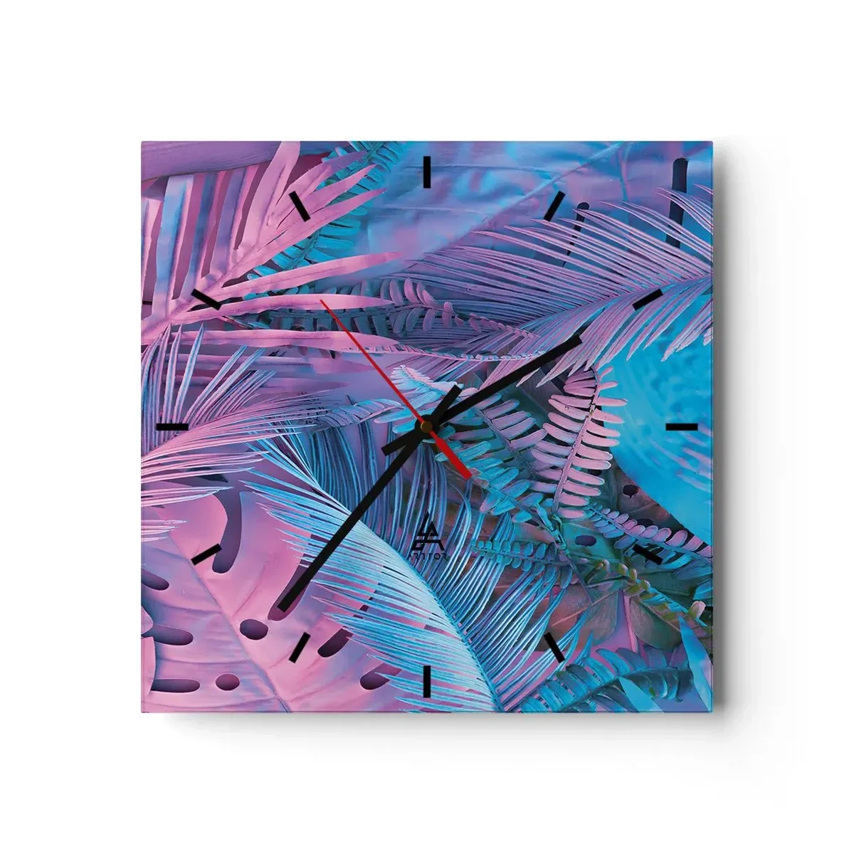 Horloge murale - Pendule murale - Feuilles tropicales dans les tons de rose et de bleu - 30x30cm - Les tropiques en rose et bleu - Décoration murale moderne pour le salon et la chambre ARTTOR