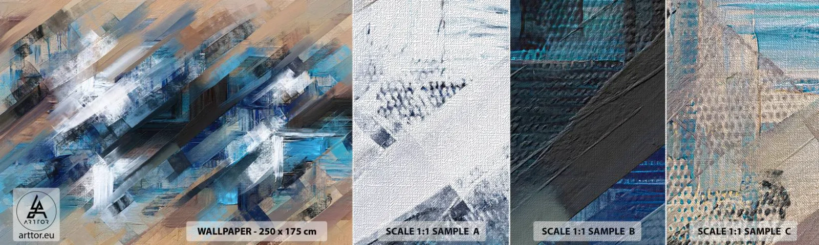 Échantillon de Papier Peint Premium Canvas - Diagonale de bleus - Morceau, Abstraction, Des peintures - 100x30 cm