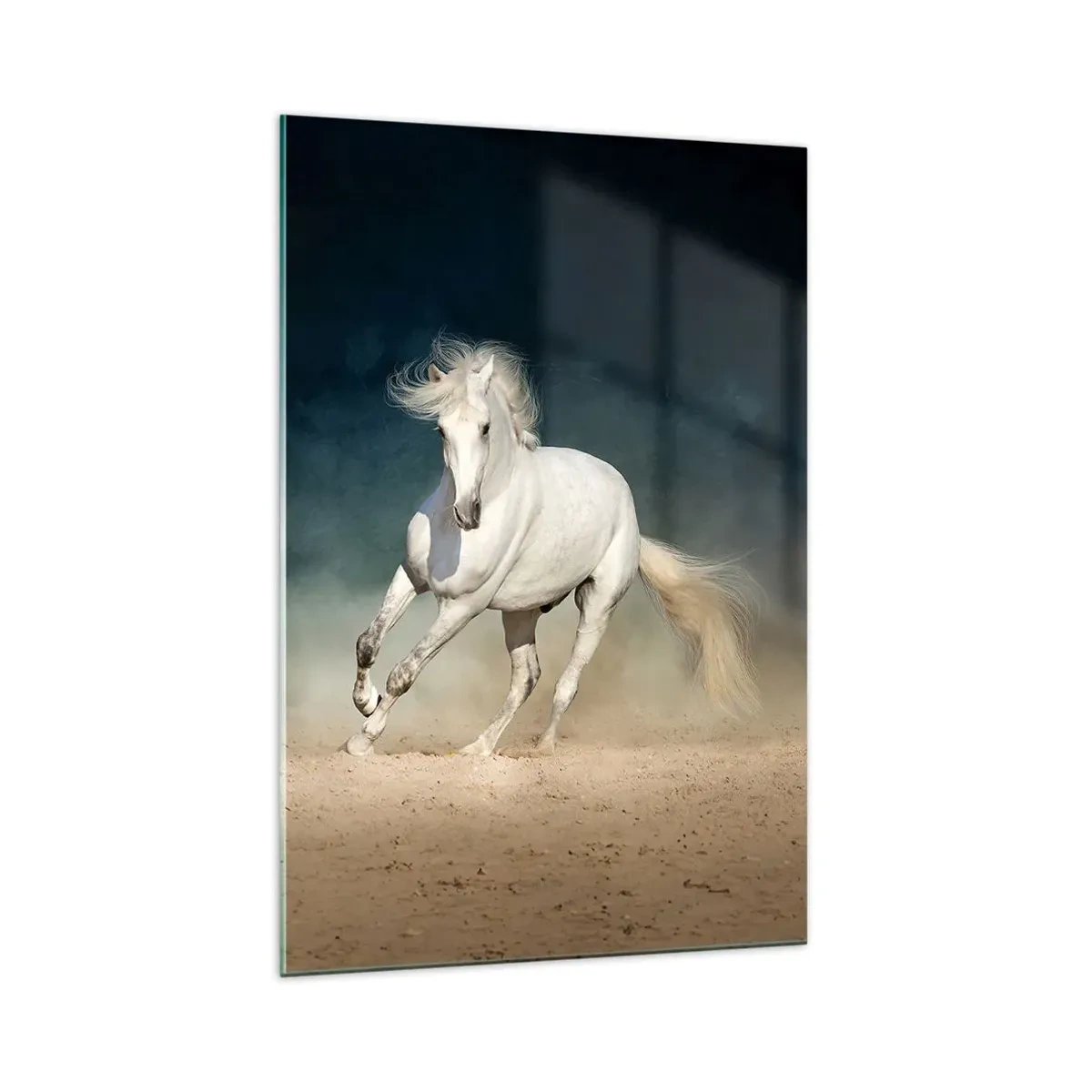 Impression sur verre - Image sur verre - Un cheval blanc galopant dans un ciel flou - 70x100cm - La liberté à l'état pur - Décoration murale moderne pour le salon et la chambre ARTTOR
