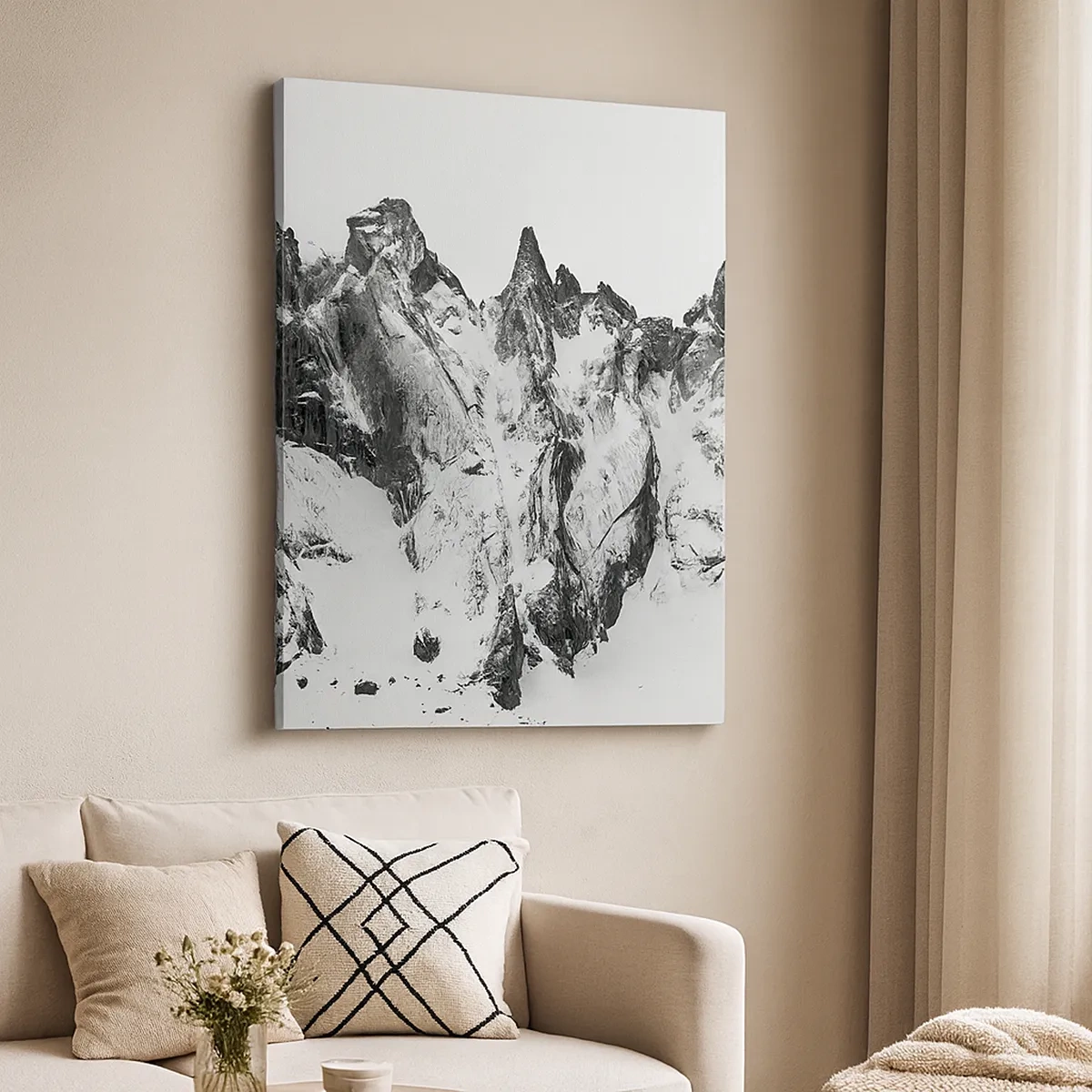 Impression sur toile - Image sur toile - Des sommets enneigés en noir et blanc - 50x70cm - Crête dangereuse de granit - Décoration murale moderne pour le salon et la chambre ARTTOR