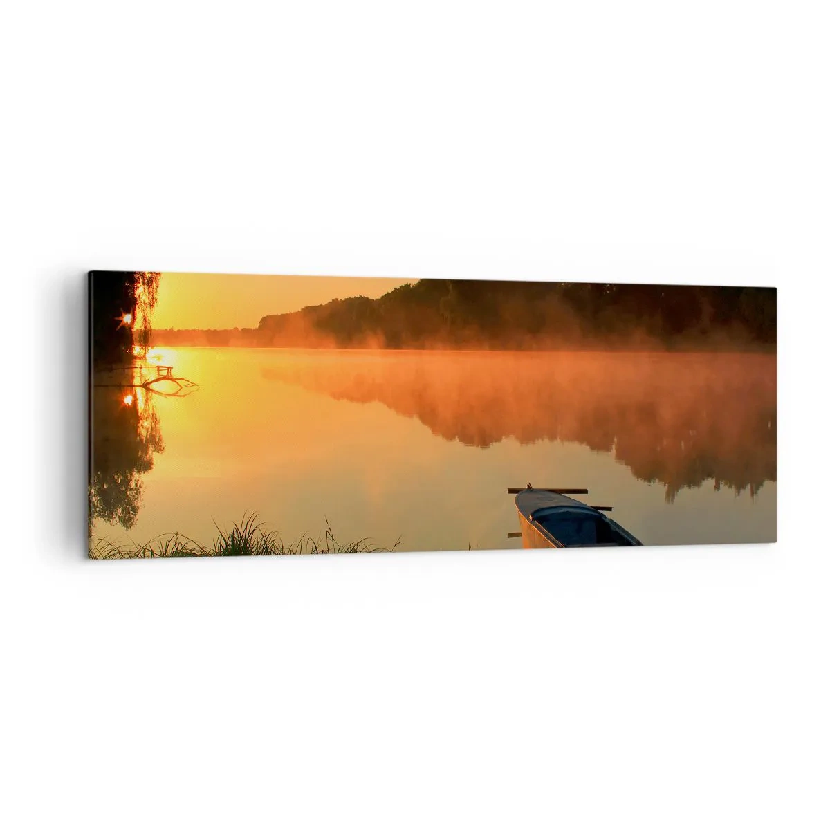 Impression sur toile - Image sur toile - Brouillard matinal sur la rivière avec un bateau sous les rayons du soleil - 140x50cm - Lever du soleil sur l'eau comme un miroir - Décoration murale moderne pour le salon et la chambre ARTTOR