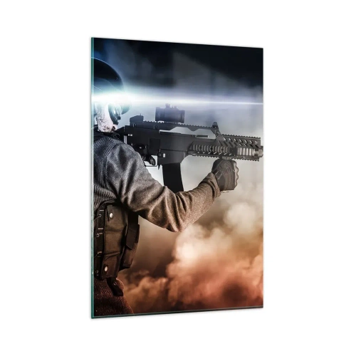 Impression sur verre - Image sur verre - Un soldat en action avec un fusil sur fond de nuages et de lumière. - 80x120cm - Tout simplement un héros - Décoration murale moderne pour le salon et la chambre ARTTOR