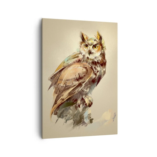 Impression sur toile - Image sur toile - Portrait artistique d'un hibou sur un fond clair dans des tons chauds. - 50x70cm - Le hibou le plus intelligent - confirmera la forêt de chênes - Décoration murale moderne pour le salon et la chambre ARTTOR