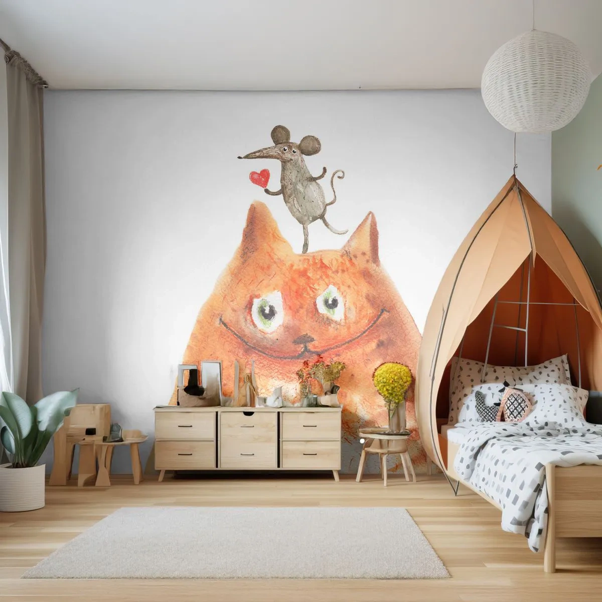 Papier Peint Photo Premium Sand - Illustration à l'aquarelle d'un chat avec une souris tenant un cœur - 100x70cm - Amour paradoxal - Décoration murale moderne pour le salon et la chambre ARTTOR