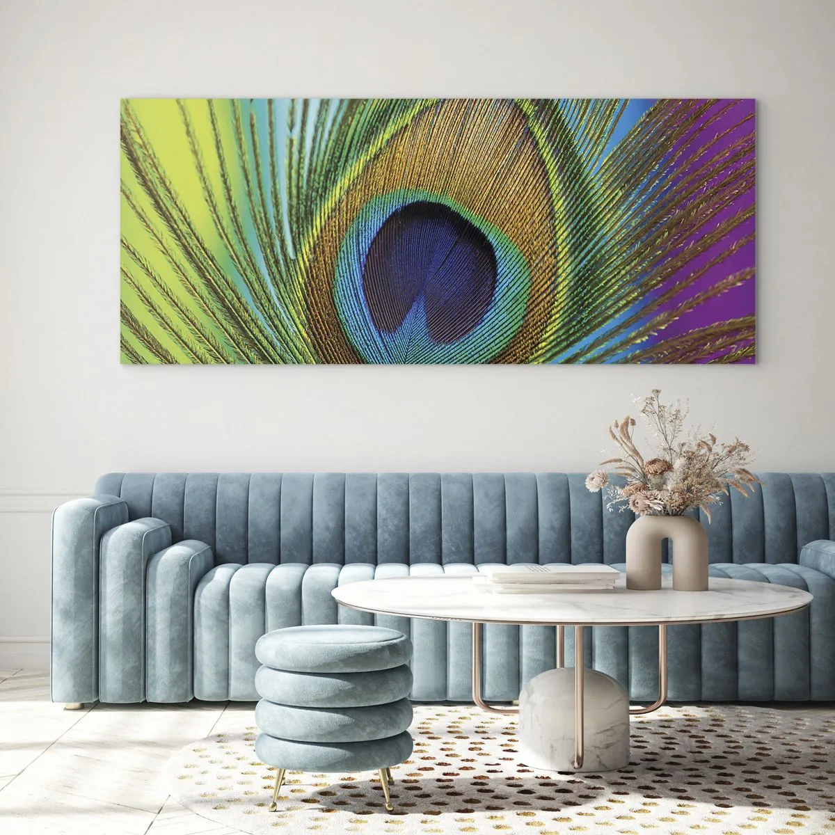 Impression sur verre - Image sur verre - Gros plan d'une plume de paon aux couleurs vives - 140x50cm - Les yeux dans les yeux - Décoration murale moderne pour le salon et la chambre ARTTOR