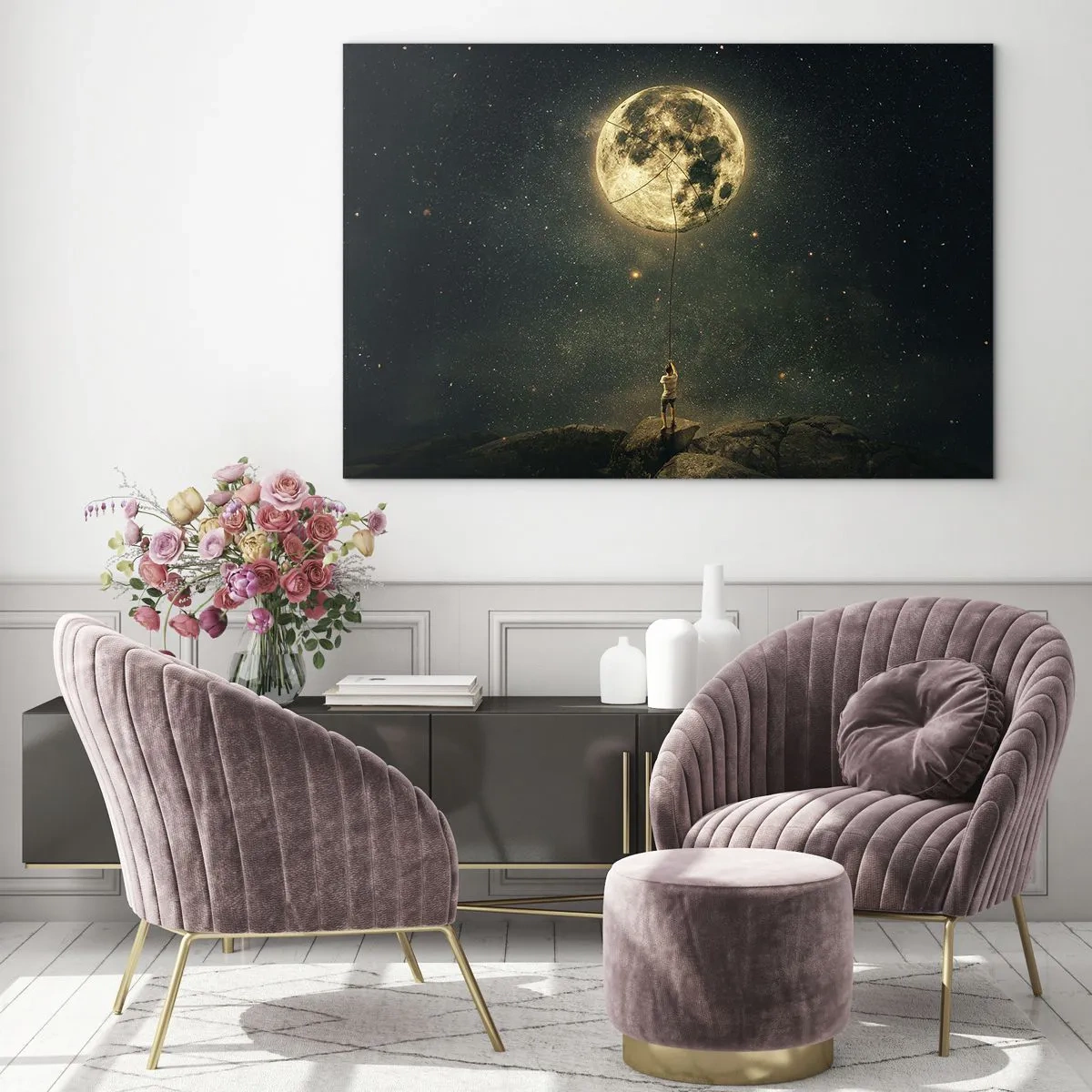 Impression sur verre - Image sur verre - Une figure sur un rocher tenant la lune, qui est piégée sur une corde. - 120x80cm - Celui qui a volé la lune - Décoration murale moderne pour le salon et la chambre ARTTOR