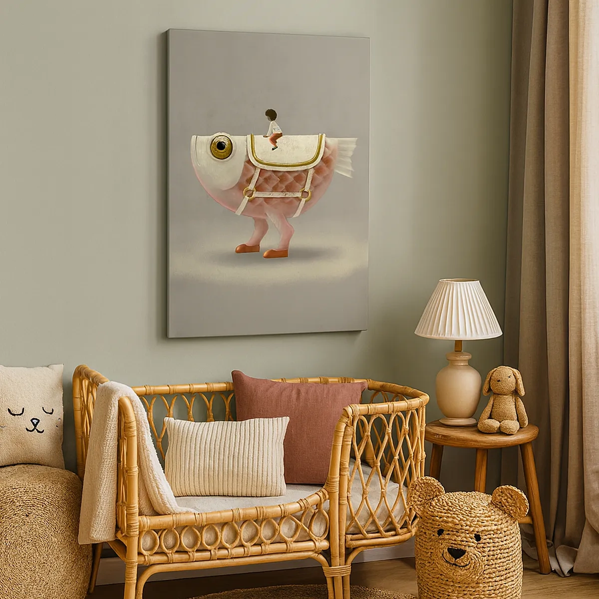 Impression sur toile - Image sur toile - Un cavalier de poisson fantaisie avec des jambes et une selle - 50x70cm - Le cavalier poisson - Décoration murale moderne pour le salon et la chambre ARTTOR