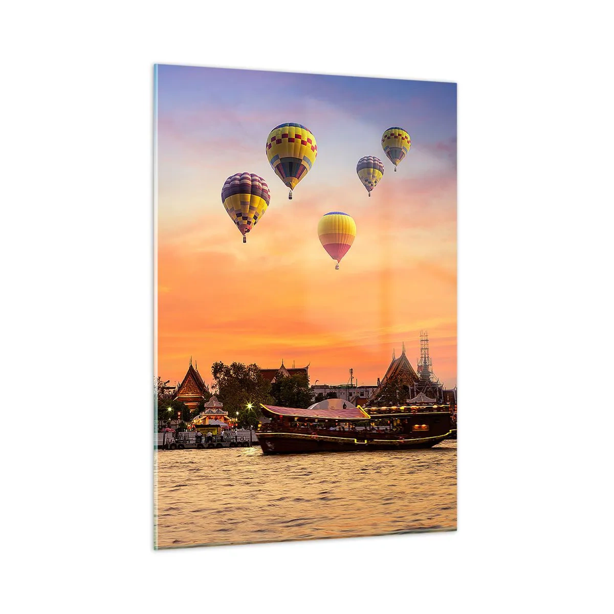 Impression sur verre - Image sur verre - Temple au bord de la rivière au coucher du soleil avec des ballons - 50x70cm - C'est ici que naissent les contes de fées - Décoration murale moderne pour le salon et la chambre ARTTOR