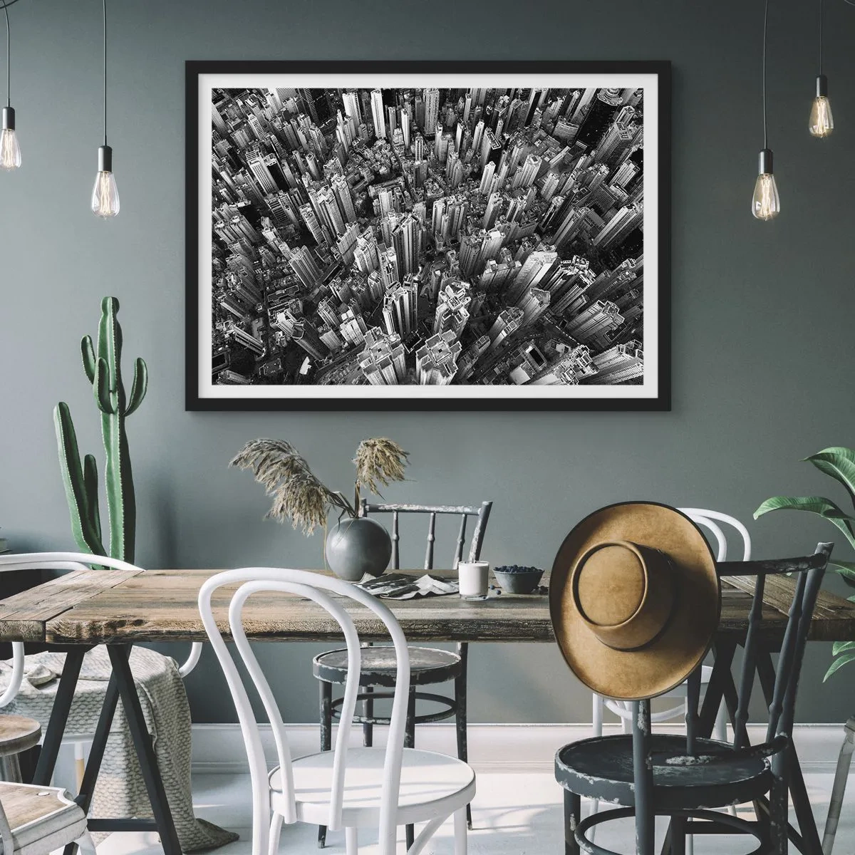 Affiche dans un cadre noir - Poster - Vue aérienne de la ville en noir et blanc - 70x50cm - Toujours de plus en plus haut - Décoration murale moderne pour le salon et la chambre ARTTOR