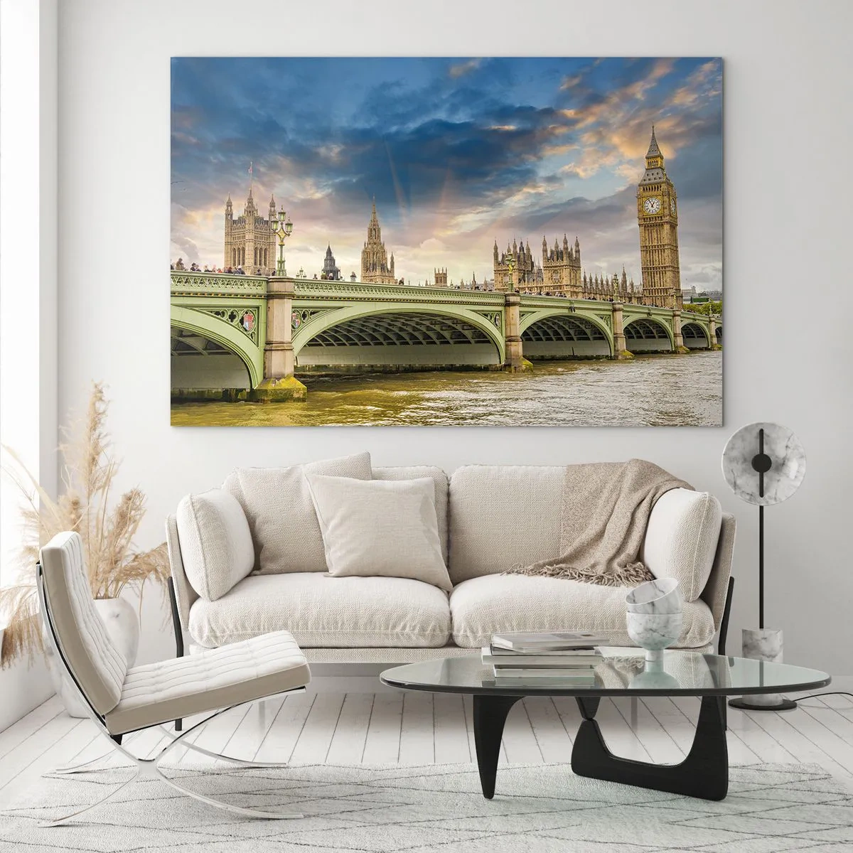 Impression sur verre - Image sur verre - Big Ben et le pont de Westminster au coucher du soleil - 120x80cm - Le temps s'est arrêté dans l'Empire - Décoration murale moderne pour le salon et la chambre ARTTOR