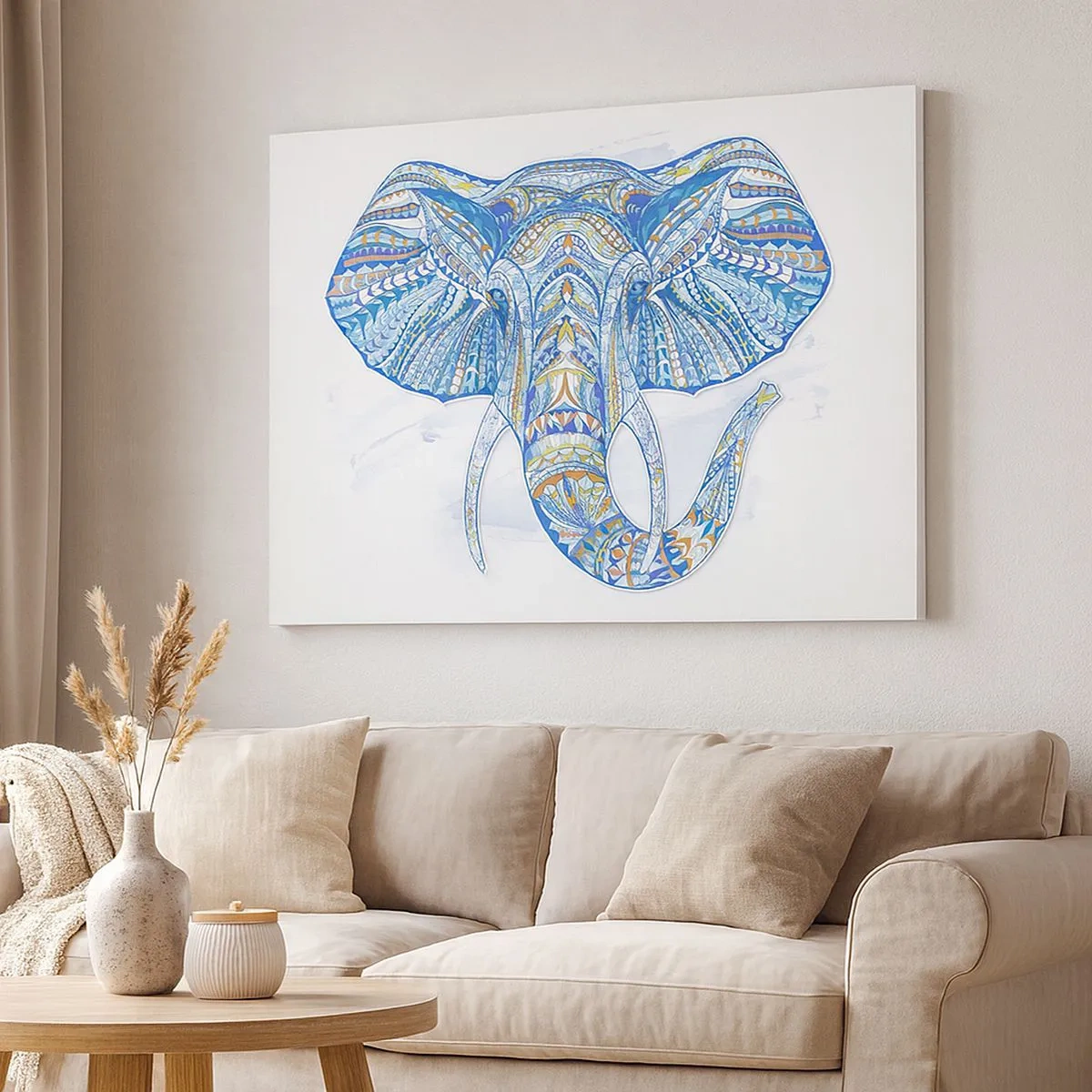 Impression sur toile - Image sur toile - Éléphant géométrique dans les tons bleu et or - 70x50cm - Incrusté d'or et de bleu ciel - Décoration murale moderne pour le salon et la chambre ARTTOR