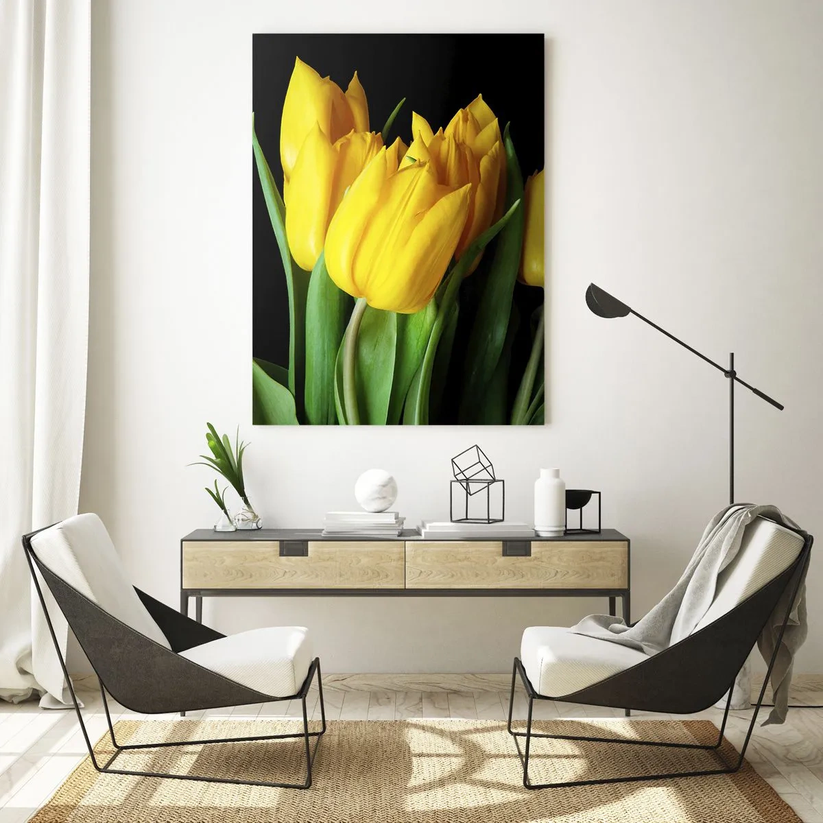 Impression sur verre - Image sur verre - Tulipes jaunes sur fond noir dans une photo élégante - 50x70cm - Lever de soleil pur - Décoration murale moderne pour le salon et la chambre ARTTOR
