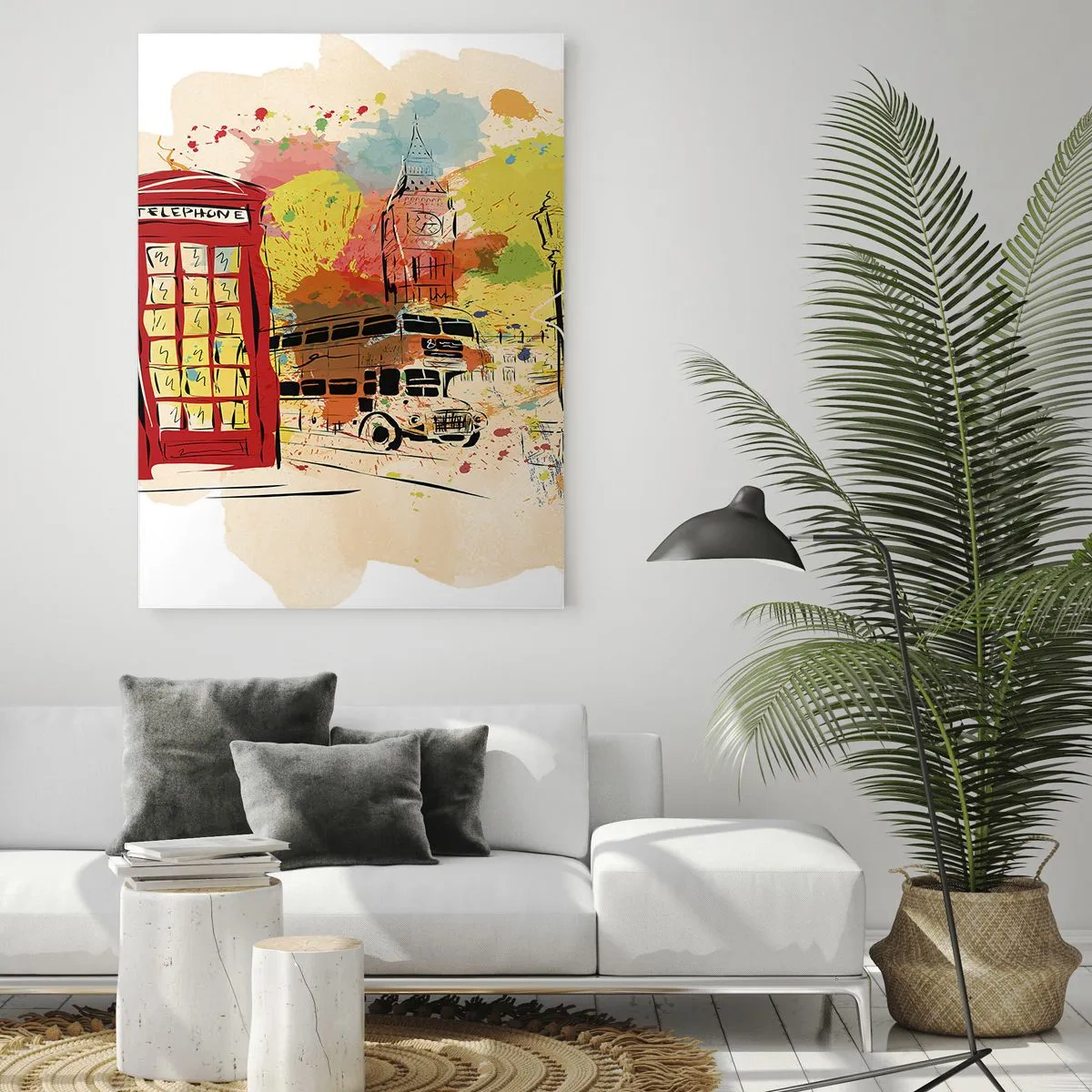 Impression sur verre - Image sur verre - Thème londonien avec bus rouge et stand - 80x120cm - La ville de la variété - Décoration murale moderne pour le salon et la chambre ARTTOR