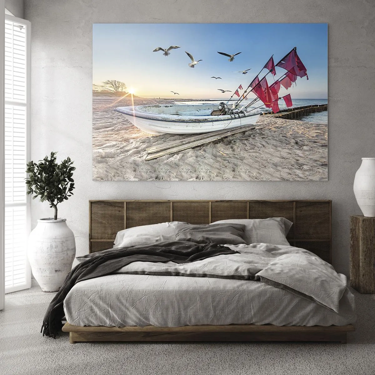 Impression sur verre - Image sur verre - Bateau de pêche sur la plage au lever du soleil - 100x70cm - Repos mérité - Décoration murale moderne pour le salon et la chambre ARTTOR