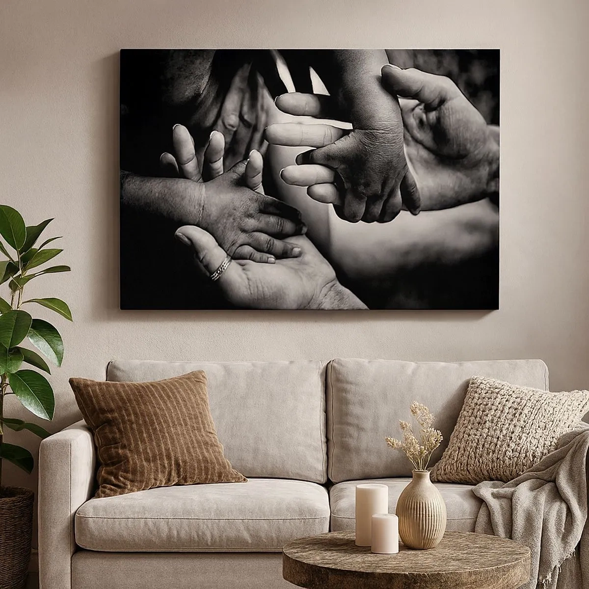 Impression sur toile - Image sur toile - Mains noires et blanches de différentes générations - 70x50cm - Être humain - Décoration murale moderne pour le salon et la chambre ARTTOR